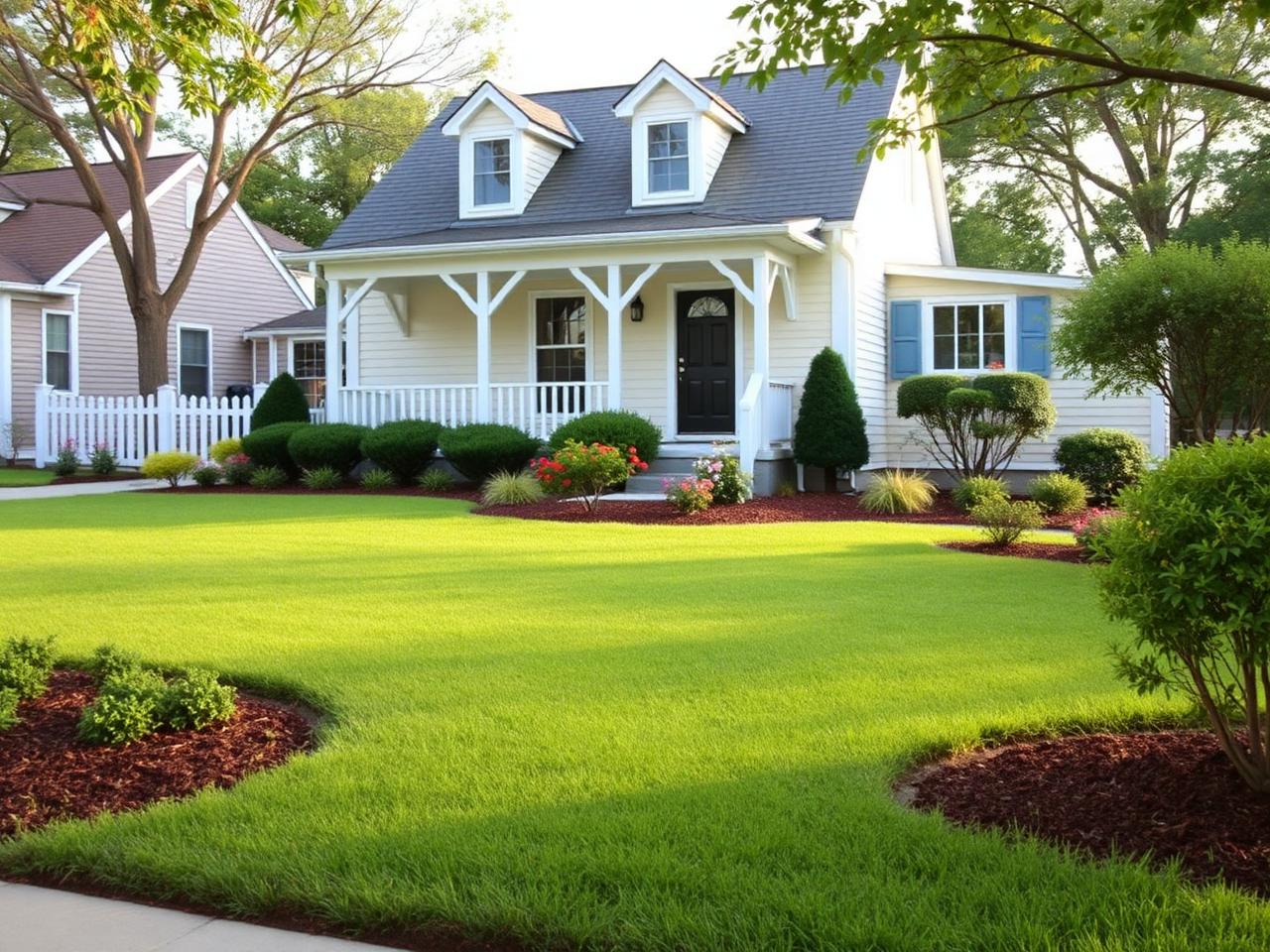 Tidy front yard with manicured lawn and clean beds
